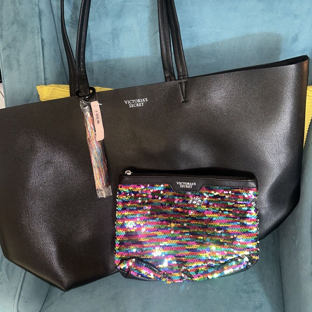NEW VICTORIA'S SECRET Large Black Faux Leather Tote Bag Carryall Tassel Carryall